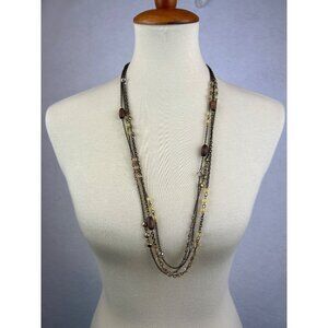 Vintage Multi-Strand Bronze Chain Necklace Glass Wood Beads Bohemian